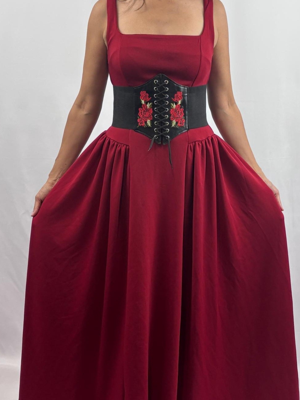 Elegant Red Square-Neck Maxi Dress with Embroidered Corset Waist